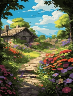 Tapyba pagal skaičius Gėlių tako kaimo sodyba 40x50 cm