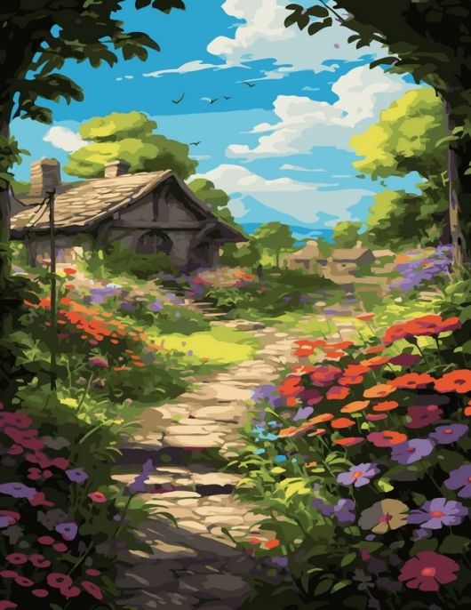 Tapyba pagal skaičius Gėlių tako kaimo sodyba 40x50 cm