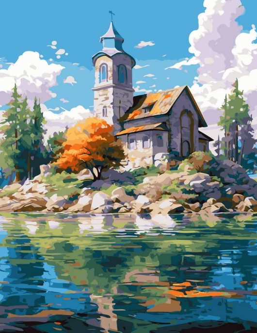 Tapyba pagal skaičius Ežero pakrantės akmeninės bažnyčios atspindys 40x50 cm