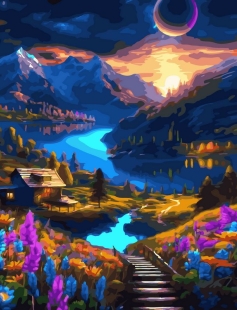 Tapyba pagal skaičius Kalnų slėnio namelis saulėlydžio metu 40x50 cm