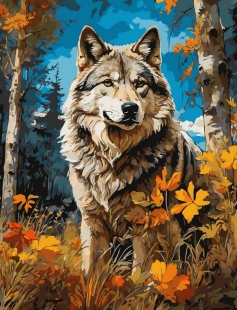 Tapyba pagal skaičius Miško vilkas auksiniuose lapuose 40x50 cm