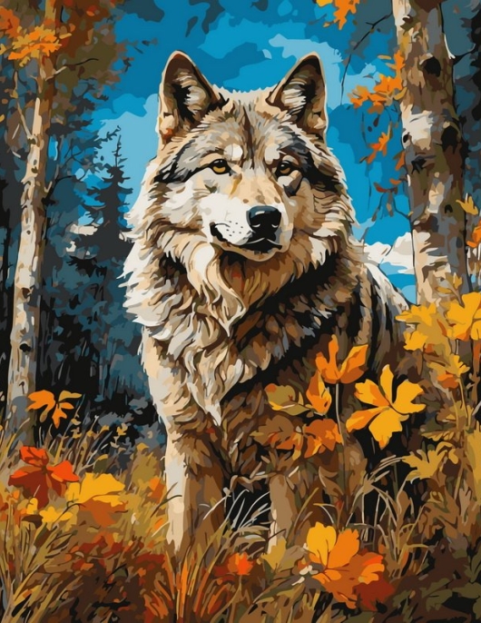 Tapyba pagal skaičius Miško vilkas auksiniuose lapuose 40x50 cm