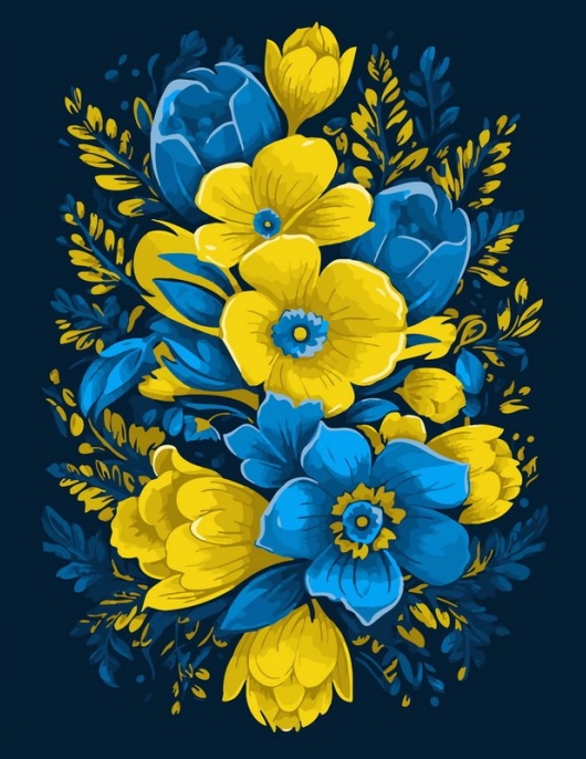 Tapyba pagal skaičius Mėlynos ir geltonos gėlių kompozicija 40x50 cm