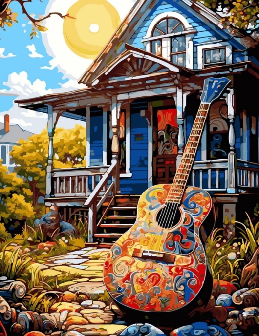 Tapyba pagal skaičius Gitara prie kaimo namų 40x50 cm