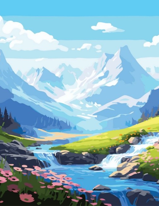 Tapyba pagal skaičius Alpių slėnis su kriokliu 40x50 cm Tapyba pagal skaičius Alpių slėnis su kriokliu 40x50 cm