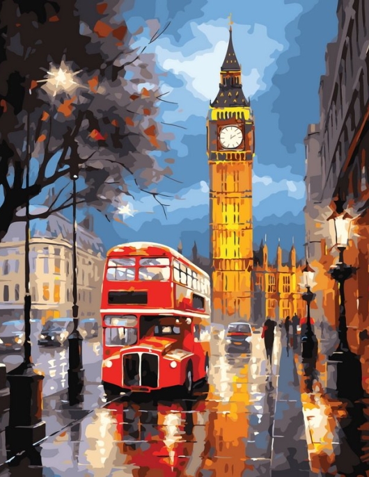 Tapyba pagal skaičius Londono vakaras – Big Benas ir raudonasis autobusas 40x50 cm Tapyba pagal skaičius Londono vakaras – Big Benas ir raudonasis autobusas 40x50 cm
