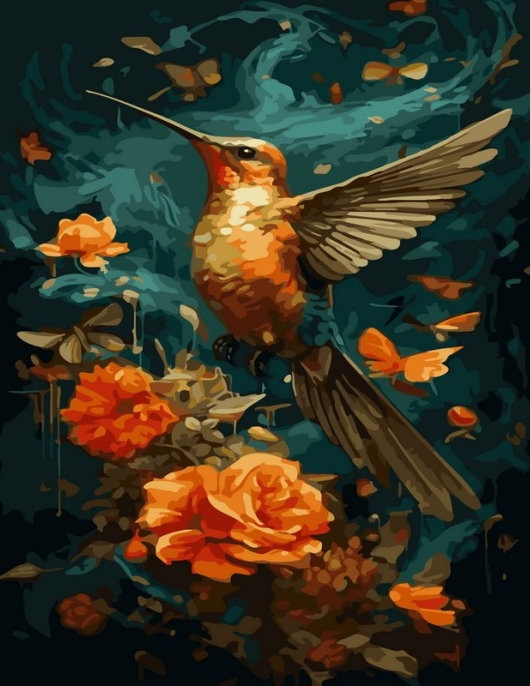 Tapyba pagal skaičius Kolibris ir oranžinės rožės 40x50 cm