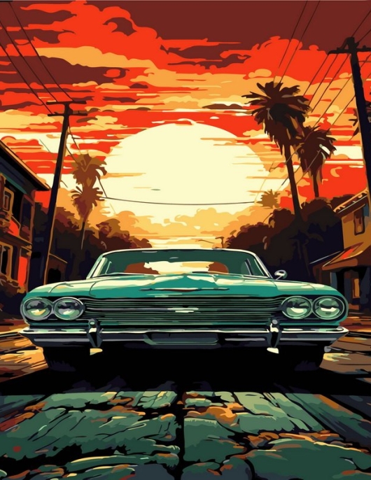 Tapyba pagal skaičius Senovinis automobilis saulėlydyje 40x50 cm