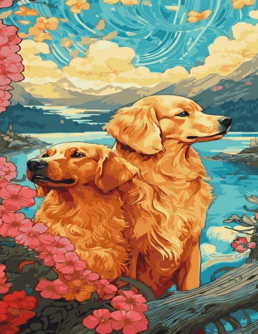 Tapyba pagal skaičius Auksaspalviai retriveriai prie ežero 40x50 cm