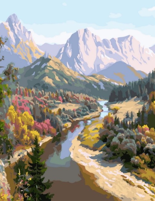 Tapyba pagal skaičius Kalnų upės slėnio kraštovaizdis 40x50 cm