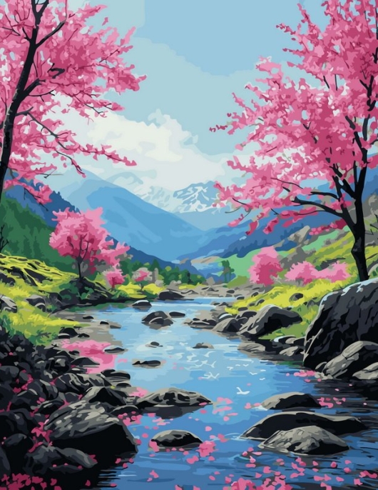 Tapyba pagal skaičius Vyšnių žiedų kalnų upelis 40x50 cm Tapyba pagal skaičius Vyšnių žiedų kalnų upelis 40x50 cm