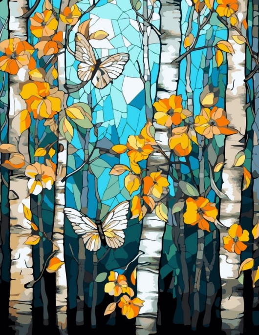Tapyba pagal skaičius Beržų miškas su drugeliais 40x50 cm Tapyba pagal skaičius Beržų miškas su drugeliais 40x50 cm