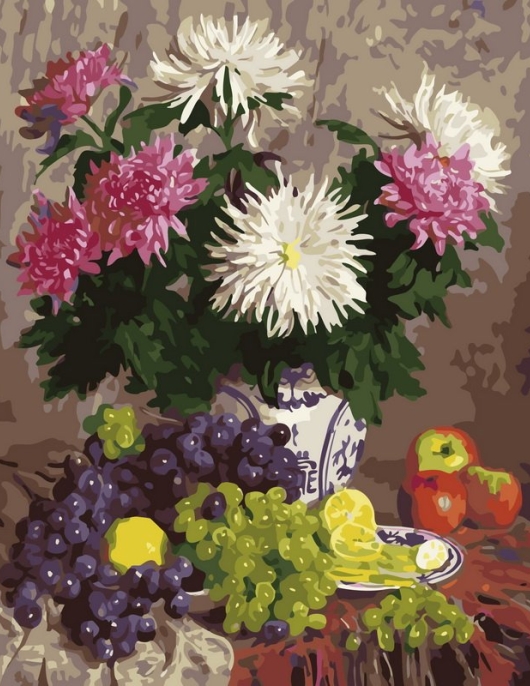 Tapyba pagal skaičius Chrizantemos ir vynuogės Natiurmortas 40x50 cm Tapyba pagal skaičius Chrizantemos ir vynuogės Natiurmortas 40x50 cm