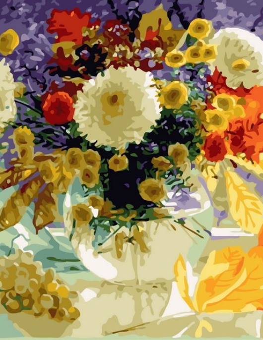 Tapyba pagal skaičius Rudens gėlių natiurmortas su moliūgais 40x50 cm