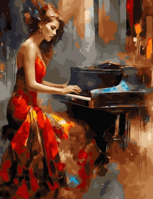 Tapyba pagal skaičius Moteris, grojanti pianinu raudona suknele 40x50 cm