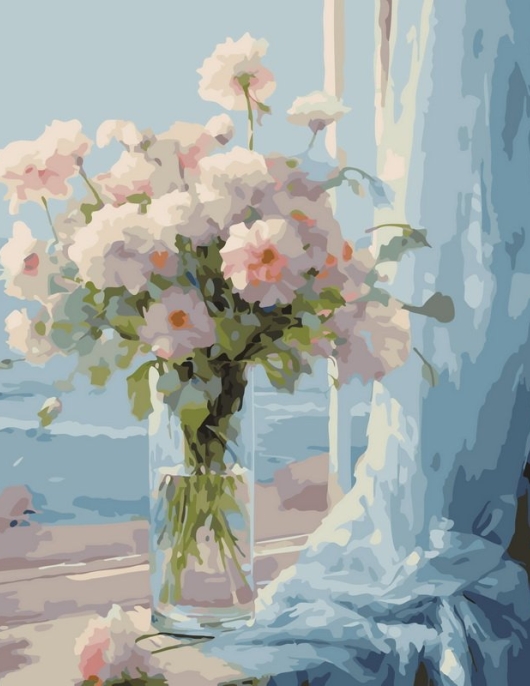 Tapyba pagal skaičius Švelnios pastelinės gėlės prie lango 40x50 cm