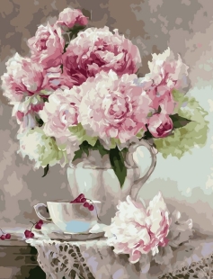 Tapyba pagal skaičius Bijūnų puokštė ir arbatos natiurmortas 40x50 cm