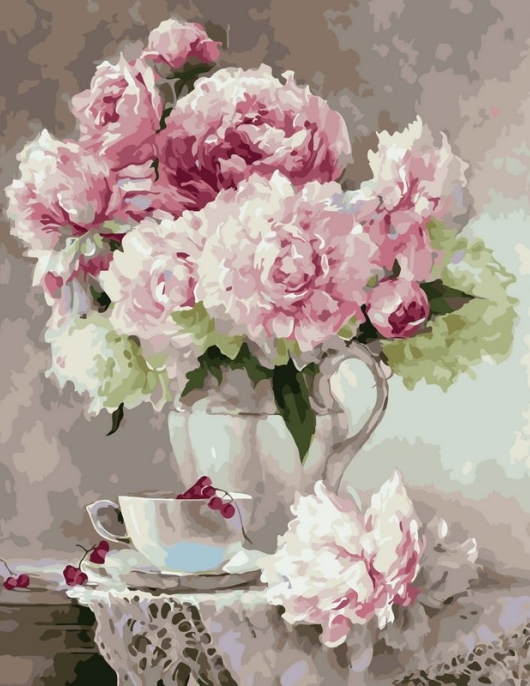 Tapyba pagal skaičius Bijūnų puokštė ir arbatos natiurmortas 40x50 cm Tapyba pagal skaičius Bijūnų puokštė ir arbatos natiurmortas 40x50 cm