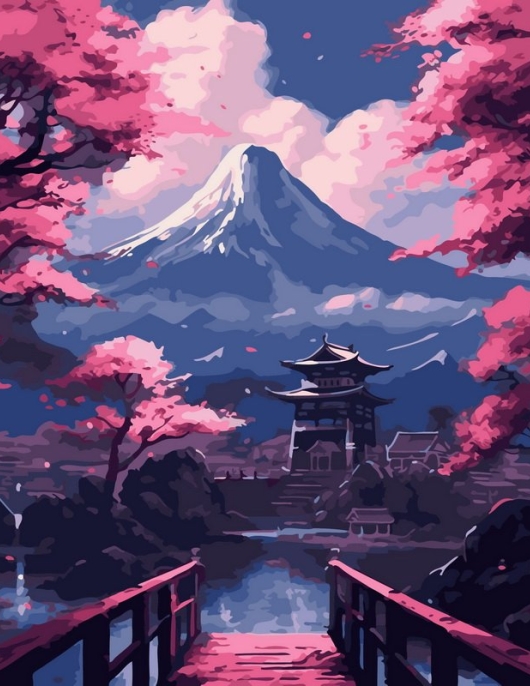 Tapyba pagal skaičius Fudžio kalnas ir Sakuros tiltas 40x50 cm