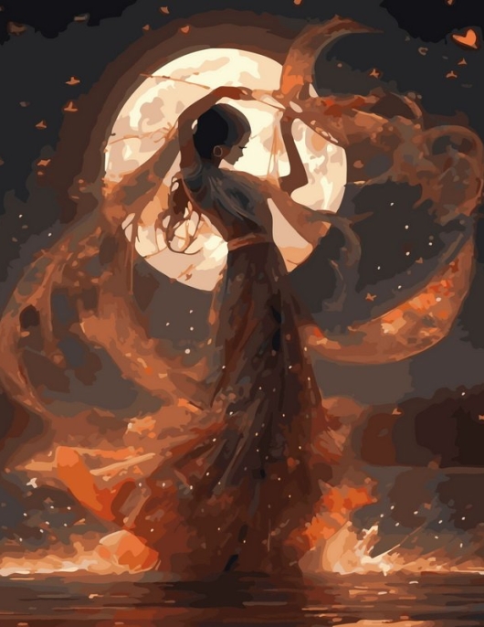 Tapyba pagal skaičius Mėnesienos šokėja su laisvai krintančia suknele 40x50 cm