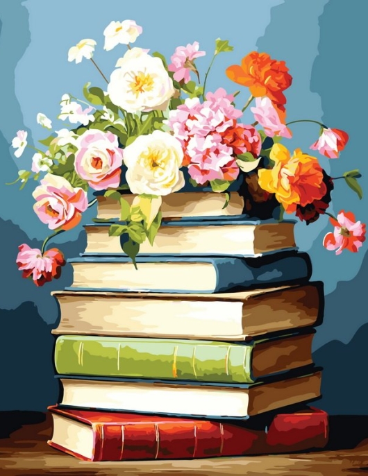 Tapyba pagal skaičius Knygos ir žydinčios gėlės Natiurmortas 40x50 cm