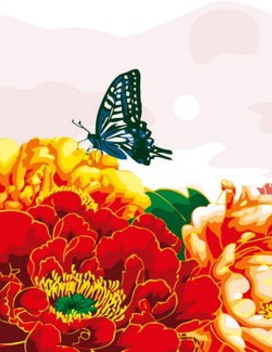 Tapyba pagal skaičius Spalvingi bijūnai su drugeliu 50x50x3 cm