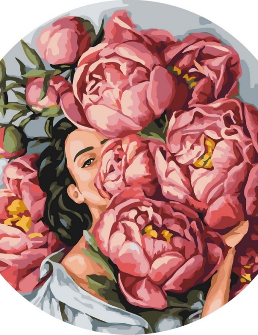 Tapyba pagal skaičius Moteris pasislėpusi už rožinių bijūnų 40x40 cm