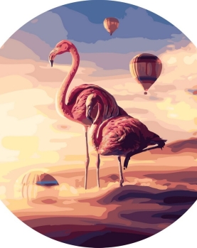 Tapyba pagal skaičius Flamingos saulėlydyje su oro balionais 40x40 cm