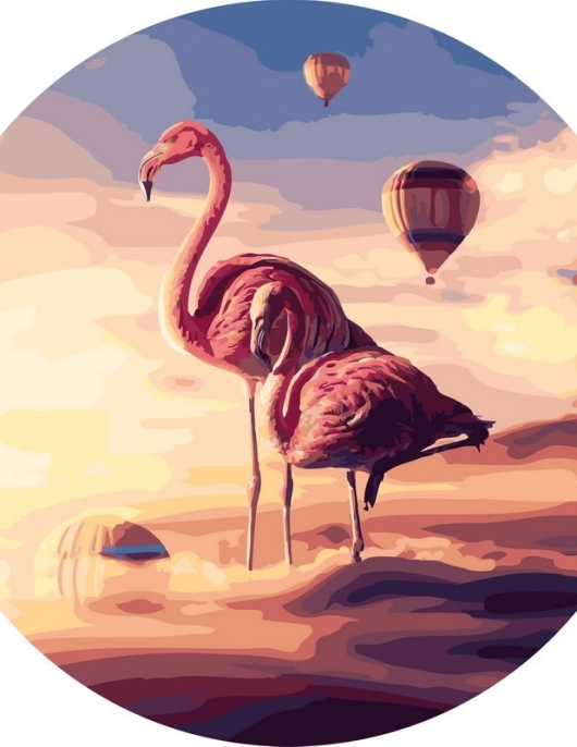 Tapyba pagal skaičius Flamingos saulėlydyje su oro balionais 40x40 cm Tapyba pagal skaičius Flamingos saulėlydyje su oro balionais 40x40 cm
