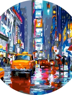 Tapyba pagal skaičius Lietinga miesto gatvė su geltonu taksi 40x40 cm