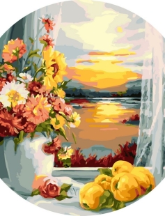 Tapyba pagal skaičius Gėlės prie lango saulėlydžio metu 40x40 cm