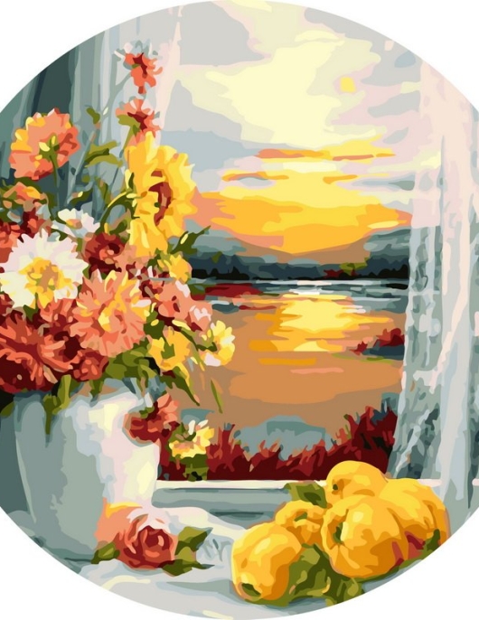 Tapyba pagal skaičius Gėlės prie lango saulėlydžio metu 40x40 cm